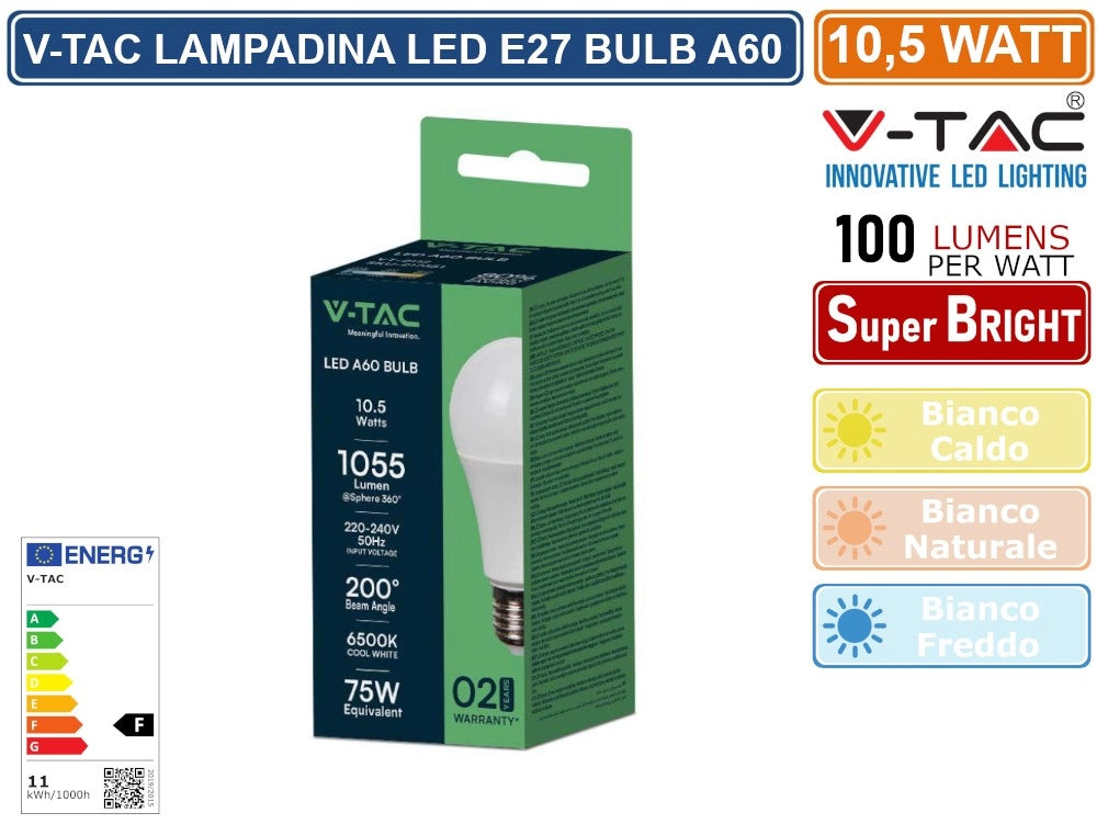 V-TAC VT-2112 LAMPADINA LED E27 10,5W BULB A60 - Colore Luce:Bianco Freddo