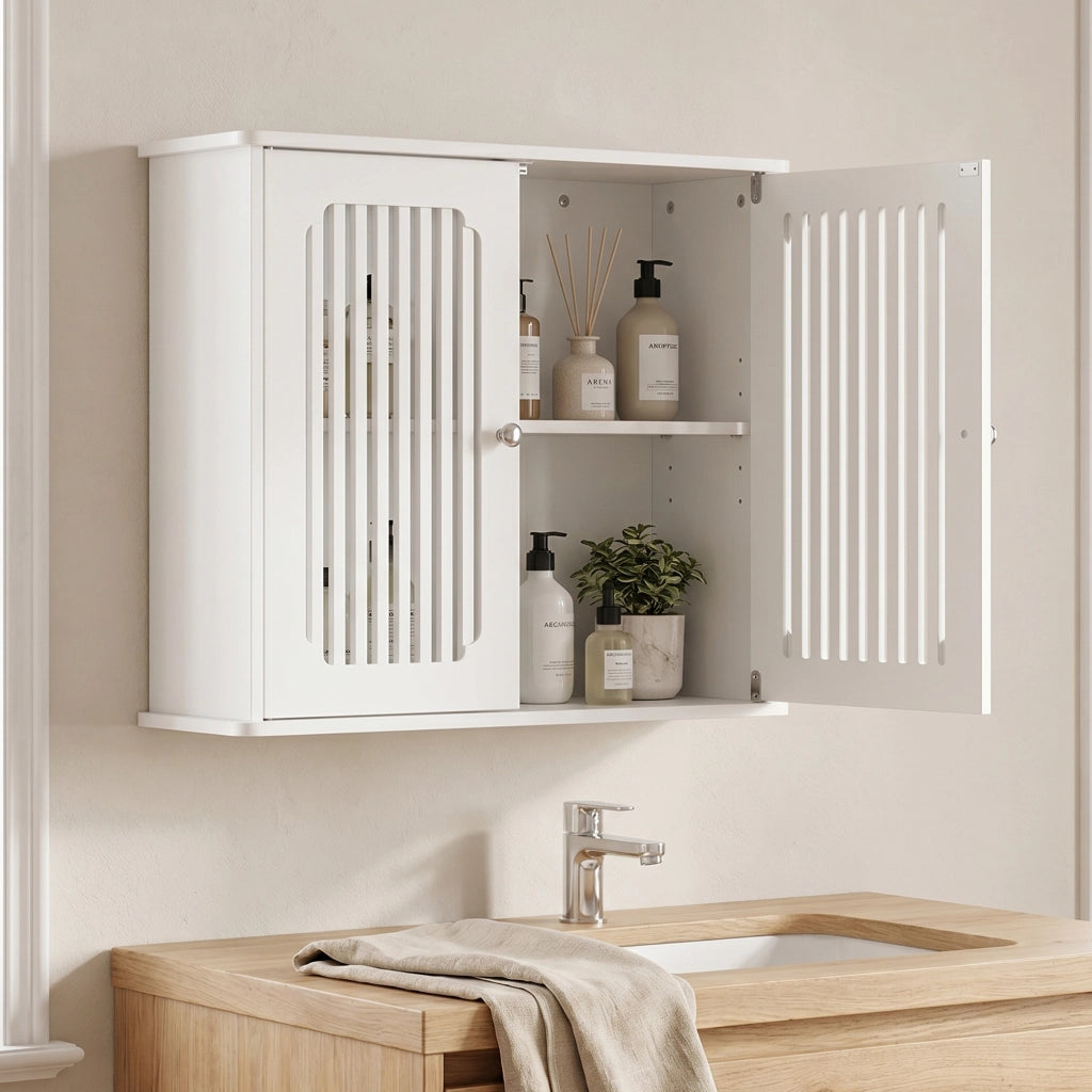 Mobile da bagno sospeso 69,3 × 43,8 × 11 cm con doppie ante a lamelle in MDF e pannello truciolare bianco