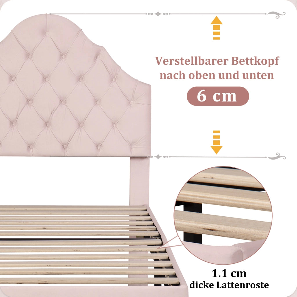 Letto singolo imbottito 90 × 200 cm con rete a doghe testiera regolabile in velluto rosa