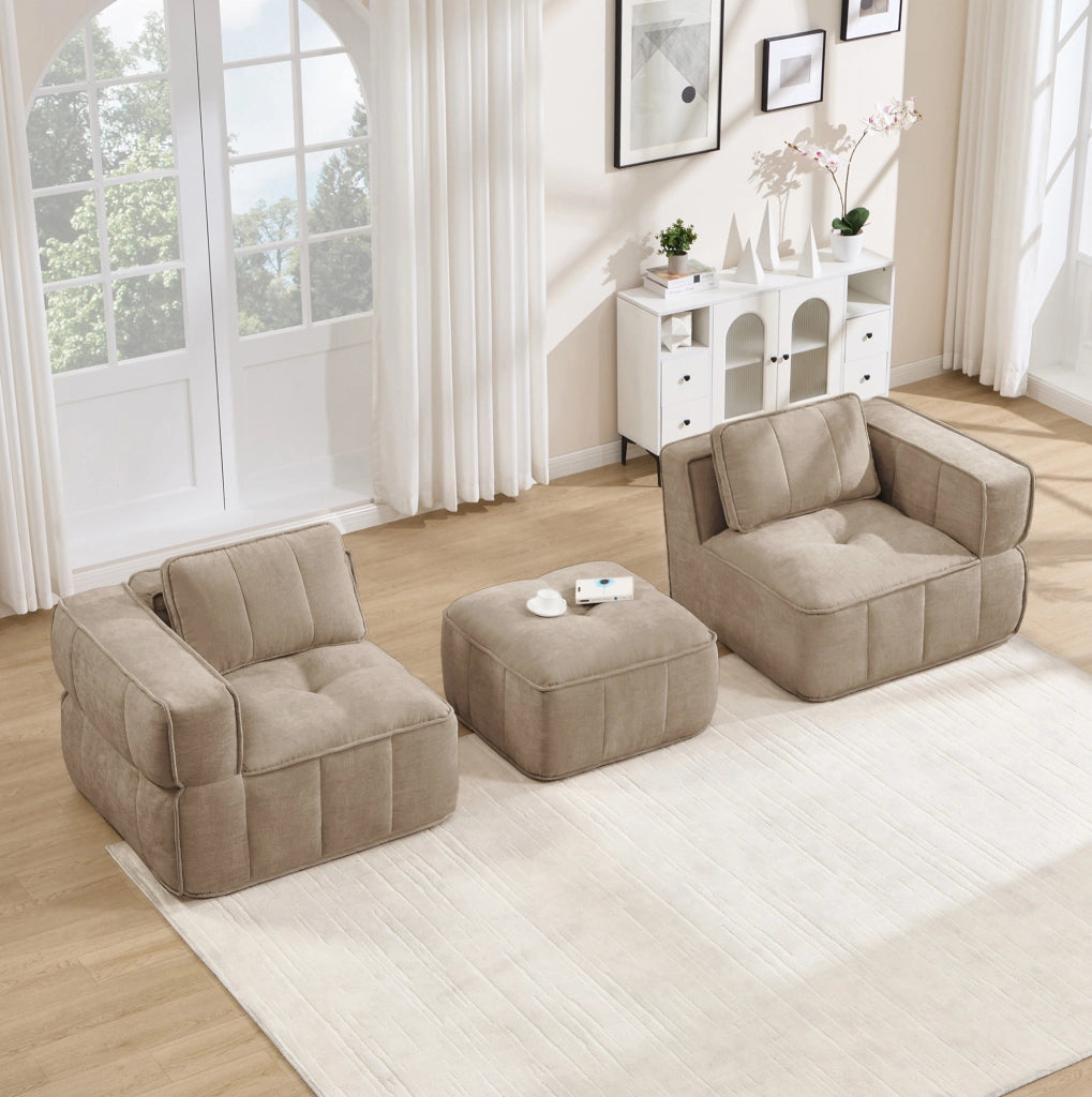 Divano modulare a due posti con pouf color sabbia