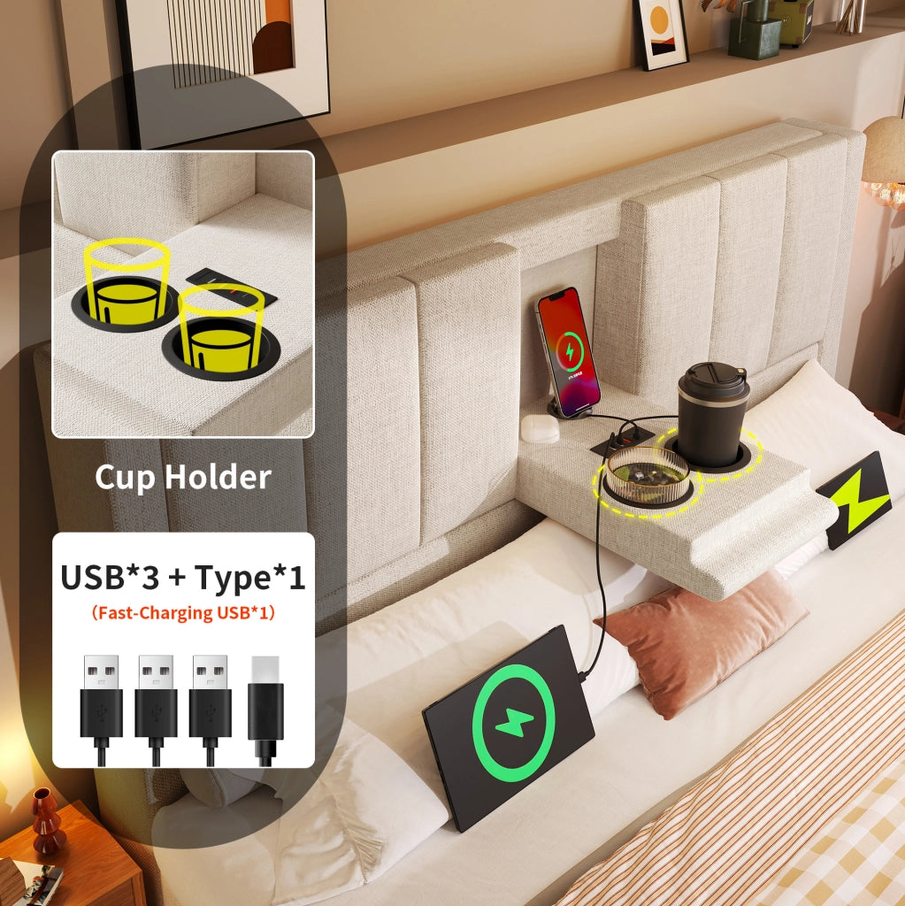 Letto imbottito 140 × 190 cm con contenitore idraulico; USB e Type-C; lino beige