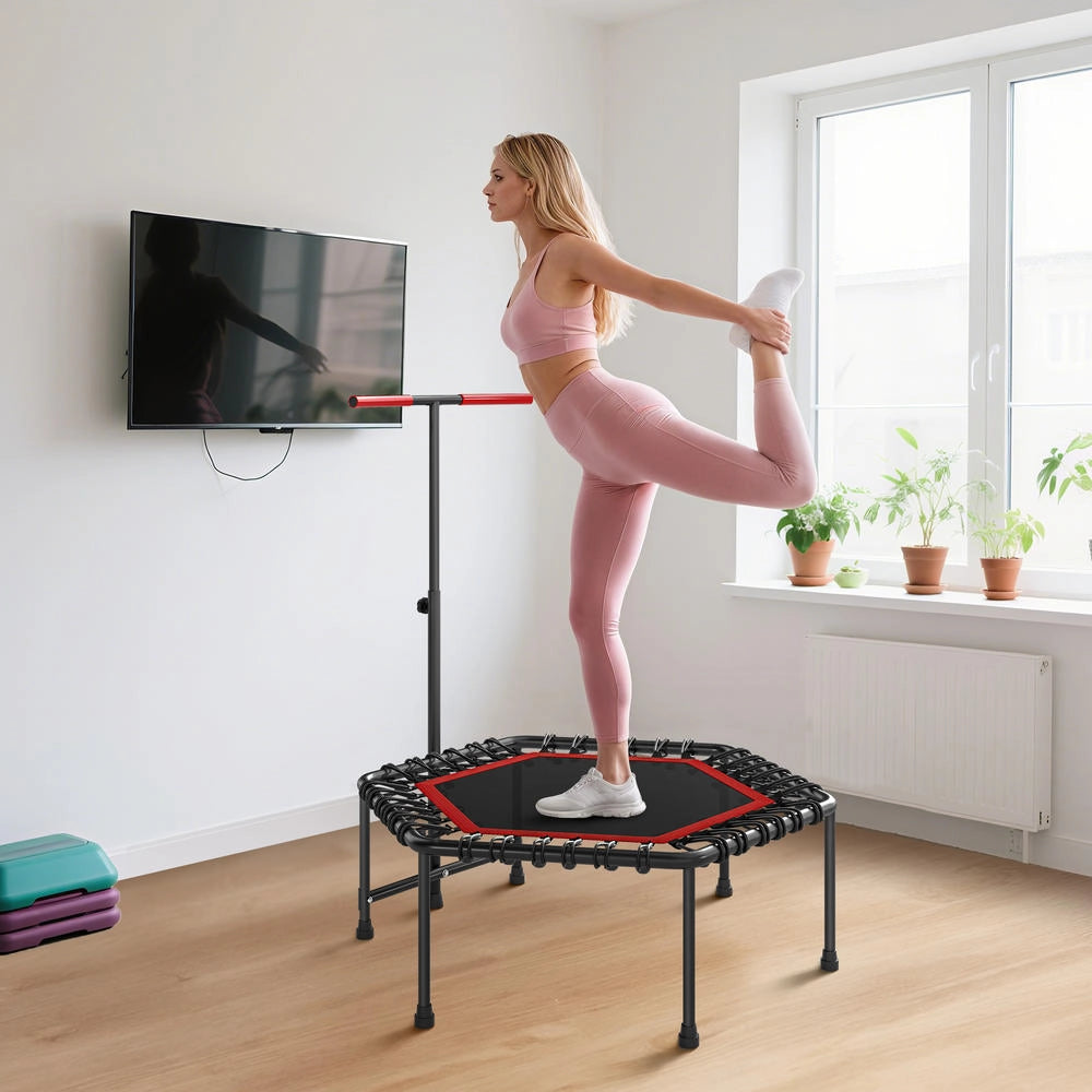 Trampolino fitness 114 cm con maniglia regolabile a 3 altezze e corde elastiche, trampolino elastico silenzioso da interno, rosso