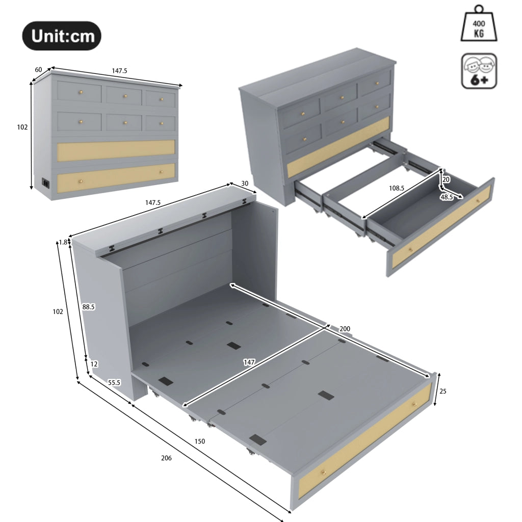 Letto a scomparsa 140 × 200 cm trasformabile in armadio con cassetto; ripiano; USB e presa in MDF grigio