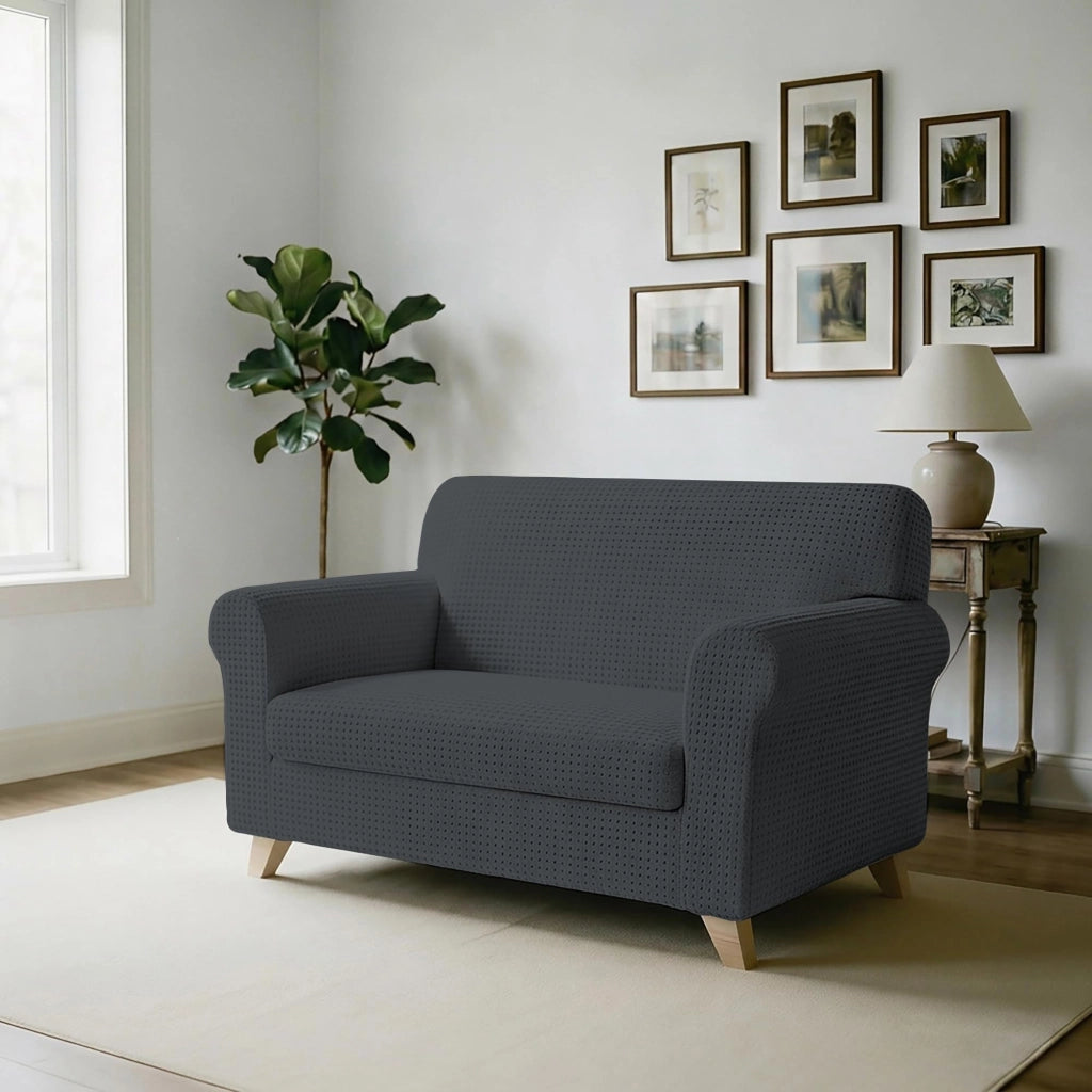 Copertura elastica per divano Iris, per divani a due posti, color grigio scuro, lunghezza 130-180 cm