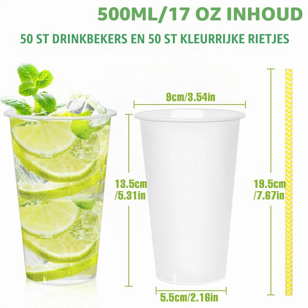 Set di bicchieri da festa, 50 pezzi, capacità 500 ml, con cannucce