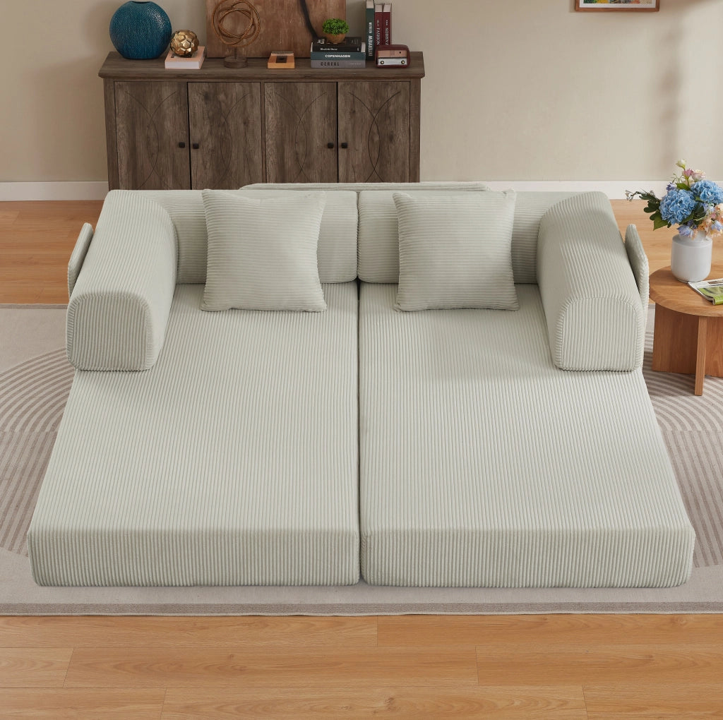 Divano letto pieghevole beige in schiuma con rivestimento in velluto a coste