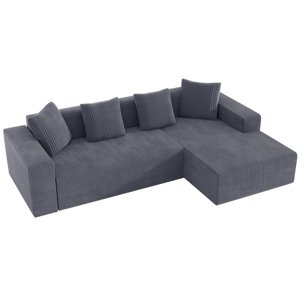 Divano angolare modulare ULEVR 261x146 cm in velluto a coste grigio con chaise longue e 4 cuscini