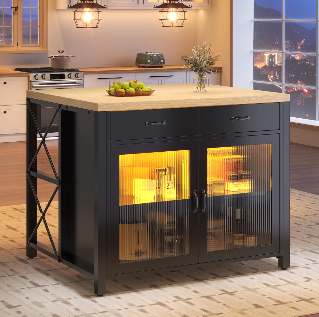 ISOLA DA CUCINA 100x80x90 cm nera in MDF e vetro con 2 cassetti