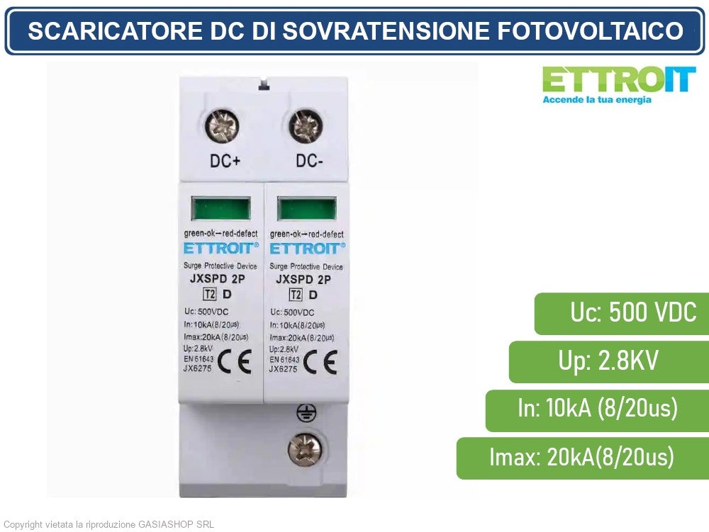ETTROIT - SCARICATORE LIMITATORE DI SOVRATENSIONE DC PER FOTOVOLTAICO TIPO 2 T2 D 2P DC 500V 2.8KV 10KA OCCUPA 2 MODULI DIN