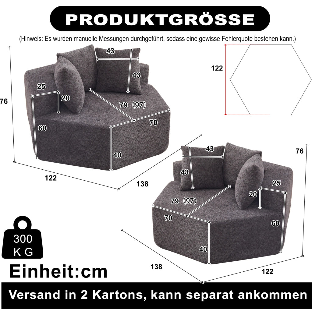 Poltrona modulare esagonale 138x122x76 cm in ciniglia grigia con 3 cuscini