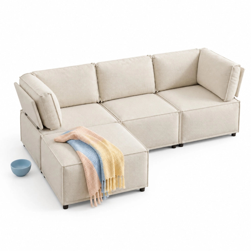 Divano modulare beige a U con poggiapiedi, 238 × 154 × 75 cm