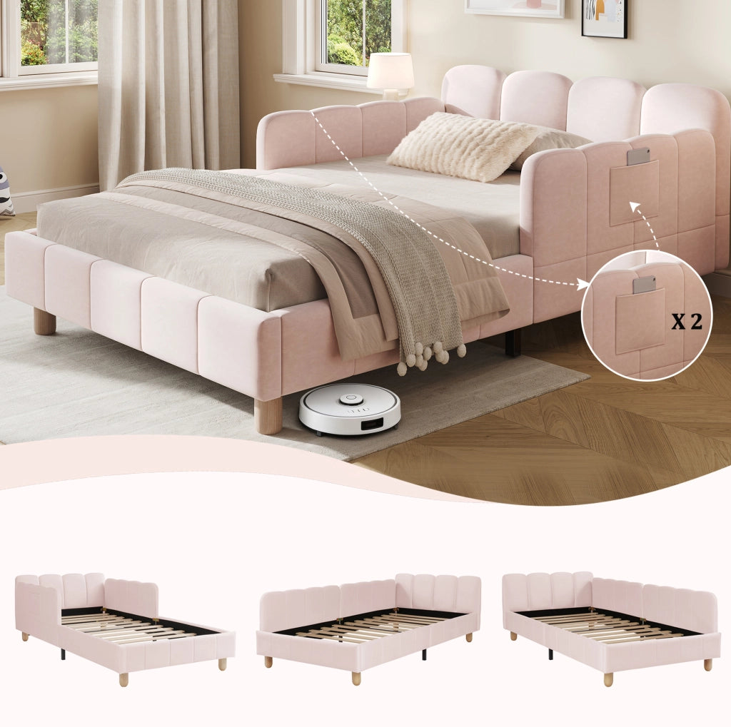 Letto in velluto rosa con testiera inclinata e gambe in legno di gomma