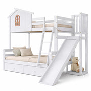 Letto contenitore per bambini 90x200+120x200 cm con scivolo, scala e rete a doghe in legno di pino bianco, senza materasso