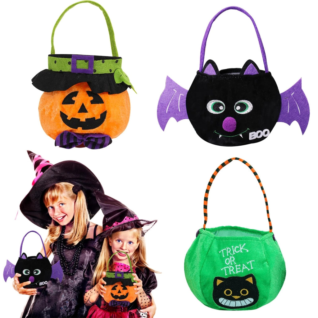 Set di 3 sacchetti per bambini a tema Halloween, con immagini di zucca, pipistrello e gatto