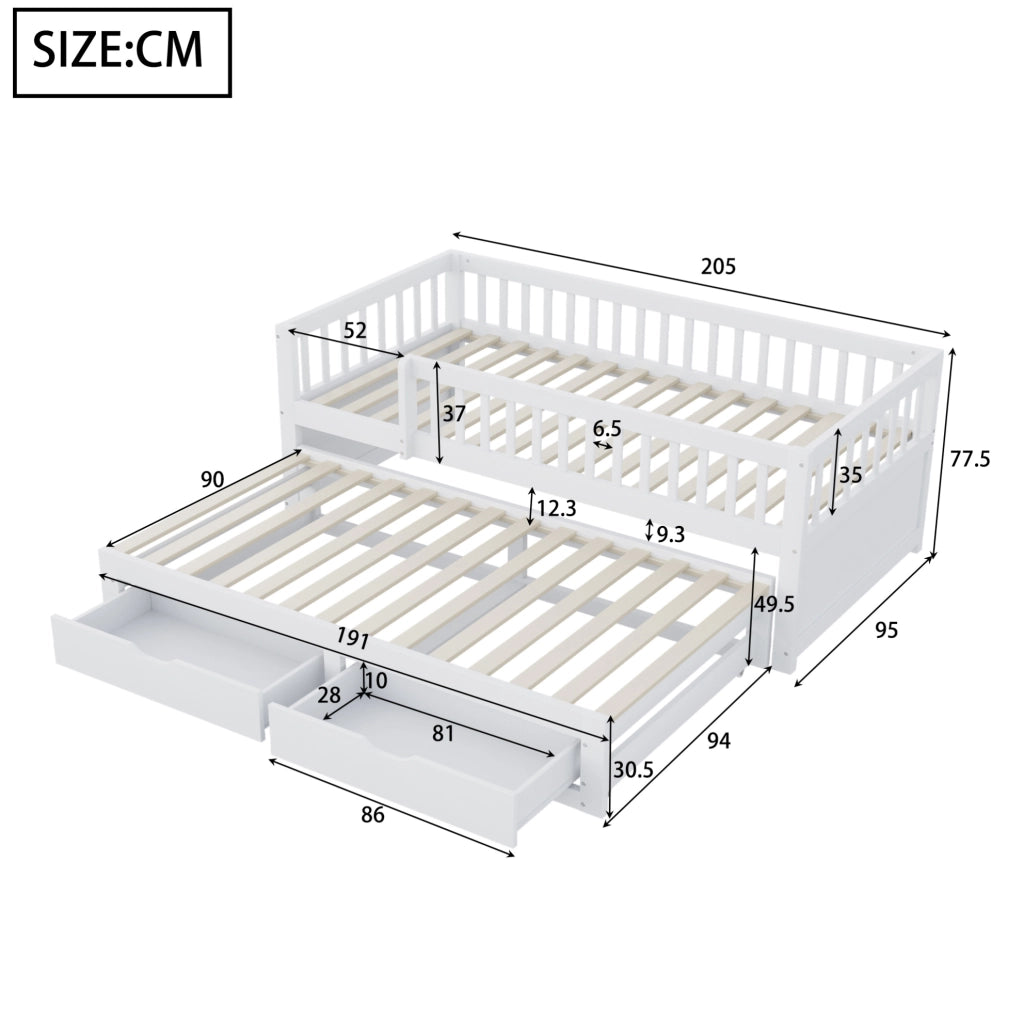 Letto divano 90x200 bianco con estraibile, 2 cassetti e 2 materassi