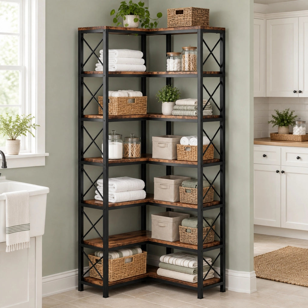 Libreria angolare 60x24x200 cm in metallo e legno nero, stile industriale