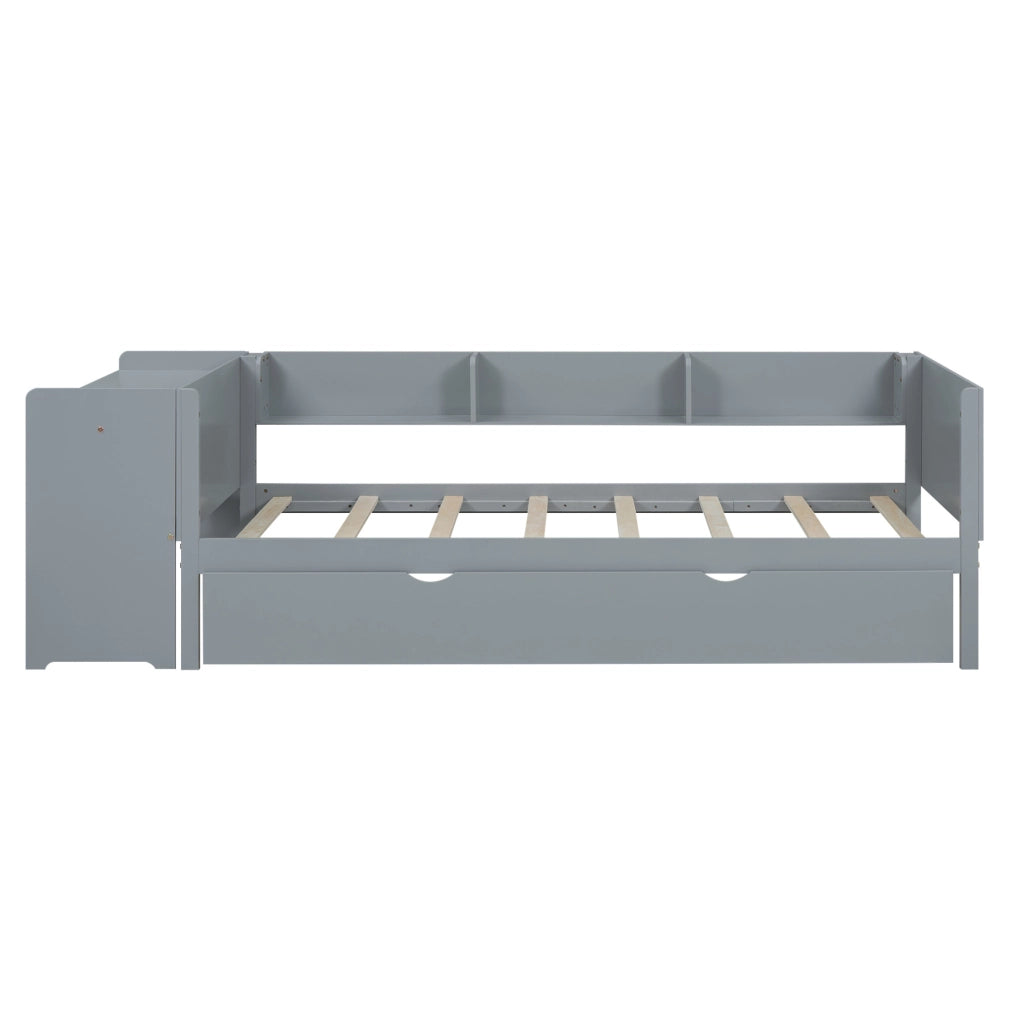 Letto singolo 90x200 cm in pino e MDF con letto estraibile, scrivania integrata e tre scaffali laterali grigio