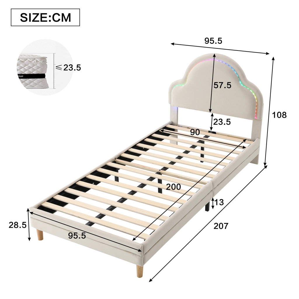 Letto singolo per bambini 90 × 200 cm con testiera a nuvola in velluto beige e strisce LED luminose multicolore