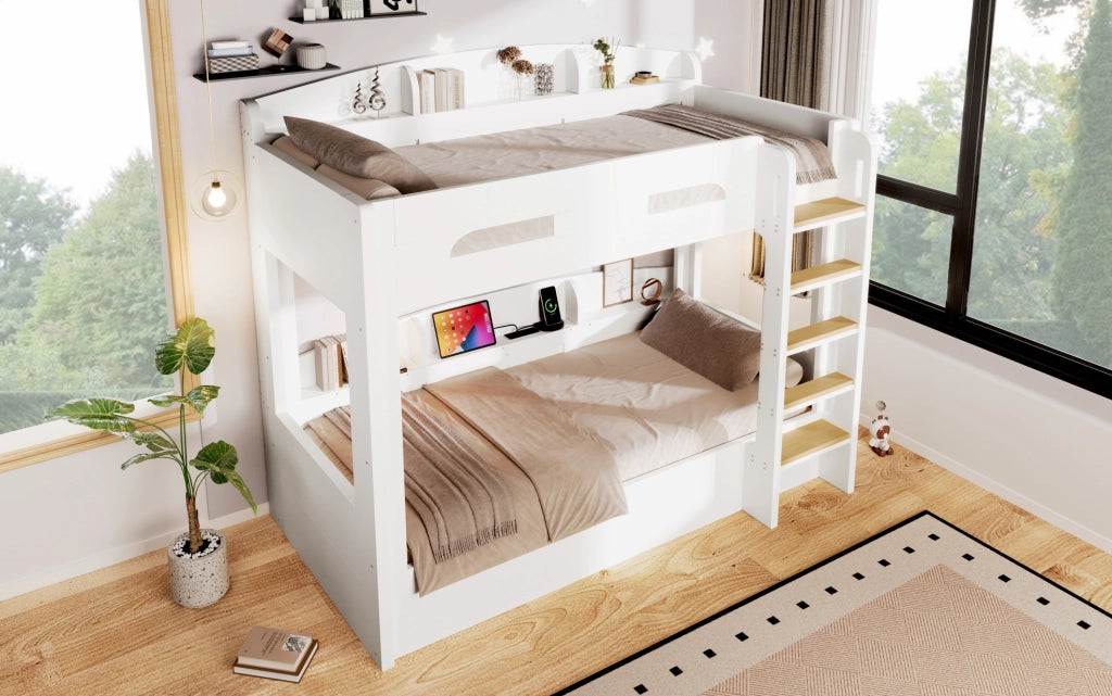 Letto a soppalco con letto inferiore, prese USB e ripiani beige 123,5x204x196,5 cm