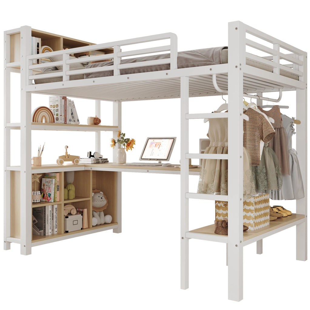 Letto a soppalco 90x200 cm con scrivania, appendiabiti, scaffali e cassettiere, bianco, senza materasso