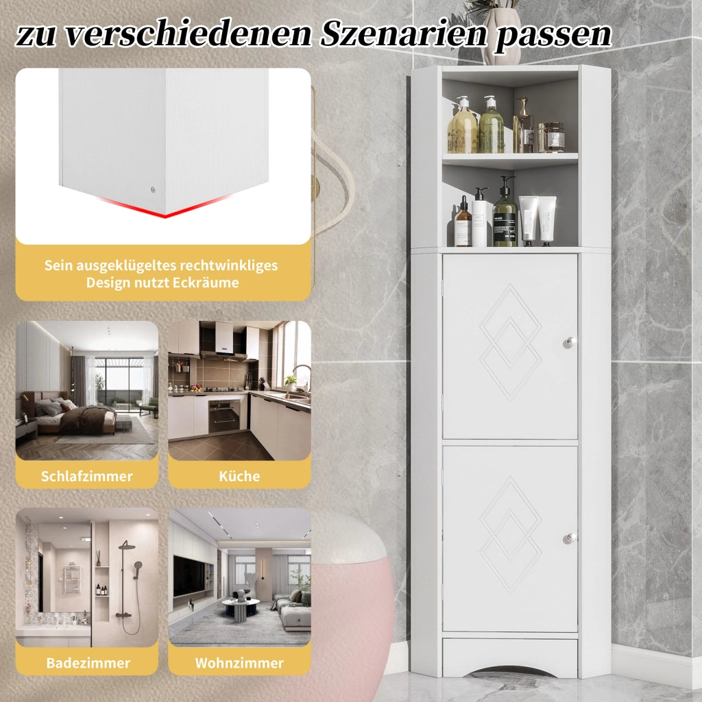 Mobile da bagno angolare in truciolare bianco con vano chiuso e ripiani aperti design moderno salvaspazio