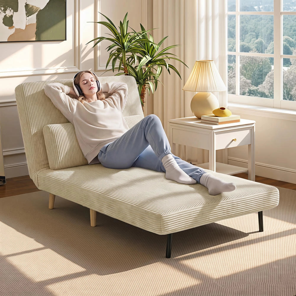 Poltrona letto singola 3 in 1 beige 90x190 cm, divano letto salvaspazio con schienale regolabile a 6 posizioni per casa