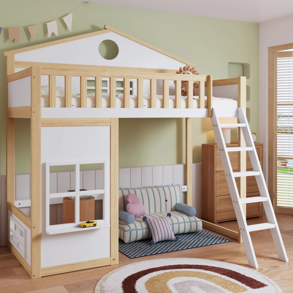 Letto a castello per bambini 90 × 200 cm con scala protezione anticaduta legno bianco e naturale con tetto