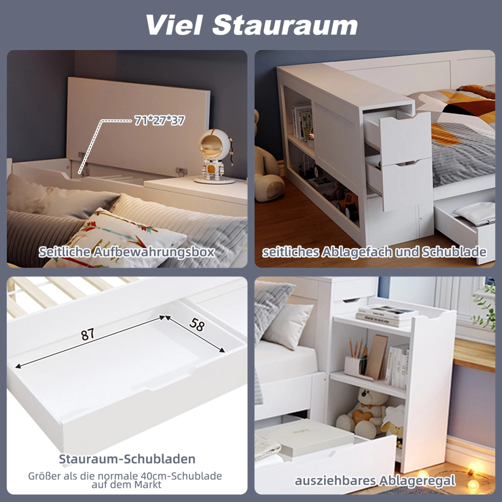 Struttura letto multifunzione 140 × 200 cm con rete a doghe in MDF bianco con cassetti armadi e comodino
