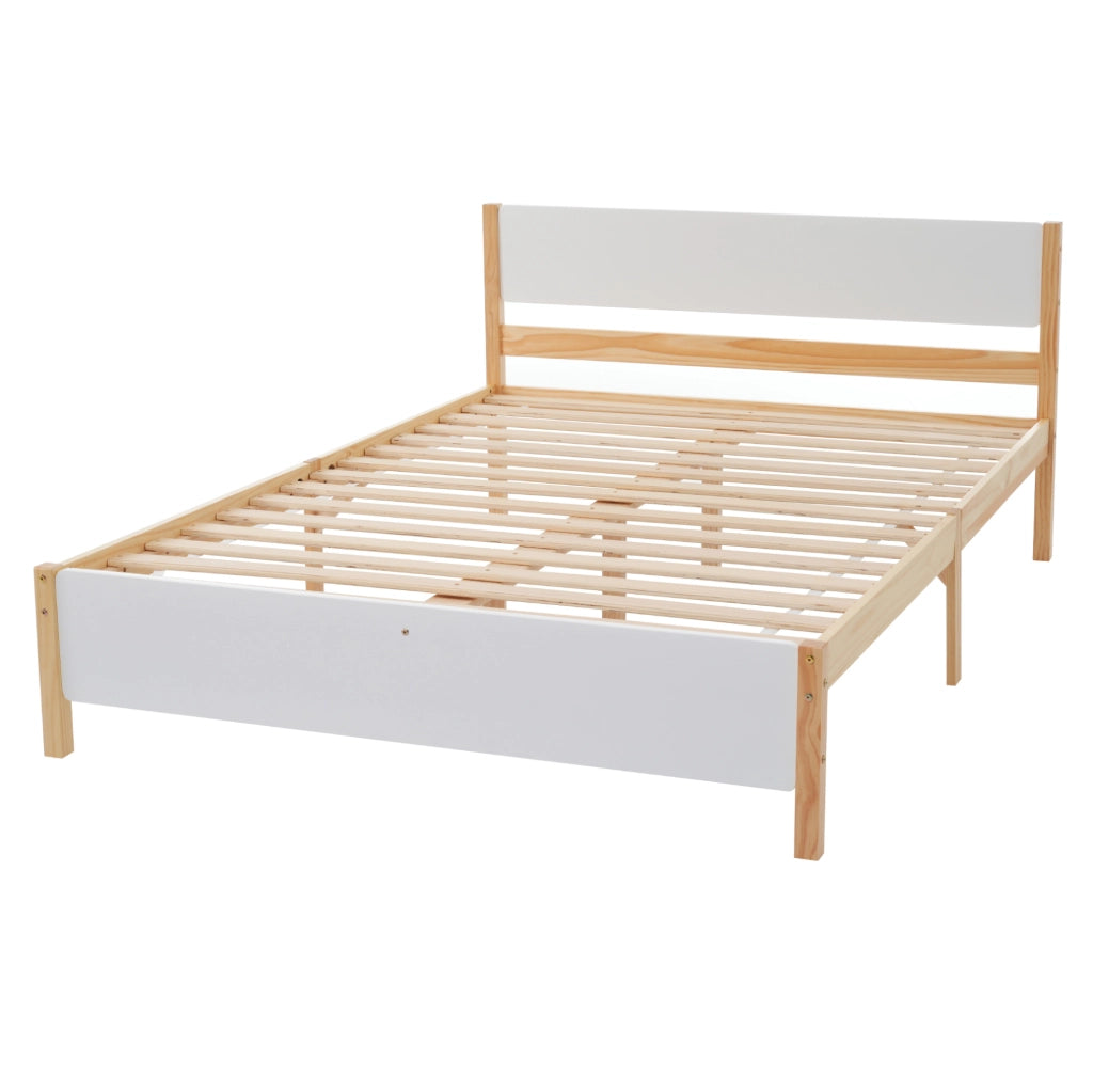 Letto matrimoniale 140x200 cm in legno di pino e MDF con 15 doghe; bianco e naturale