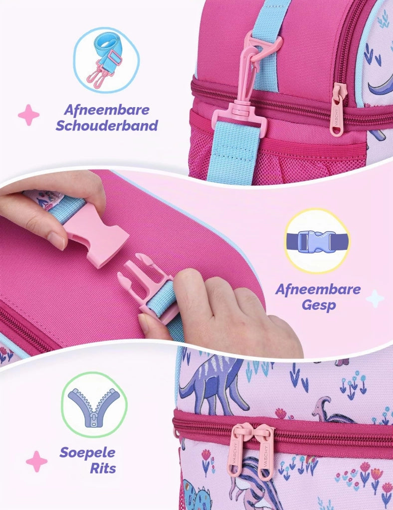 Borsa termica per il pranzo, per bambini, con 2 scomparti, motivo dinosauri rosa, dimensioni 24x19x25 cm