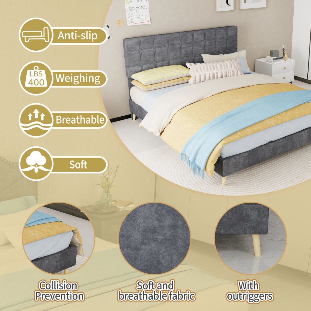 Letto matrimoniale grigio scuro in tessuto con testiera imbottita a quadri, 160x200 cm, con materasso incluso