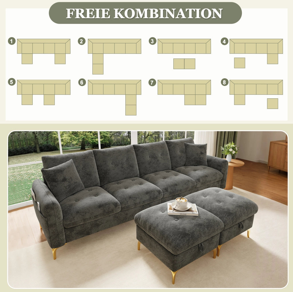 Divano modulare grigio in ciniglia con 2 pouf contenitore
