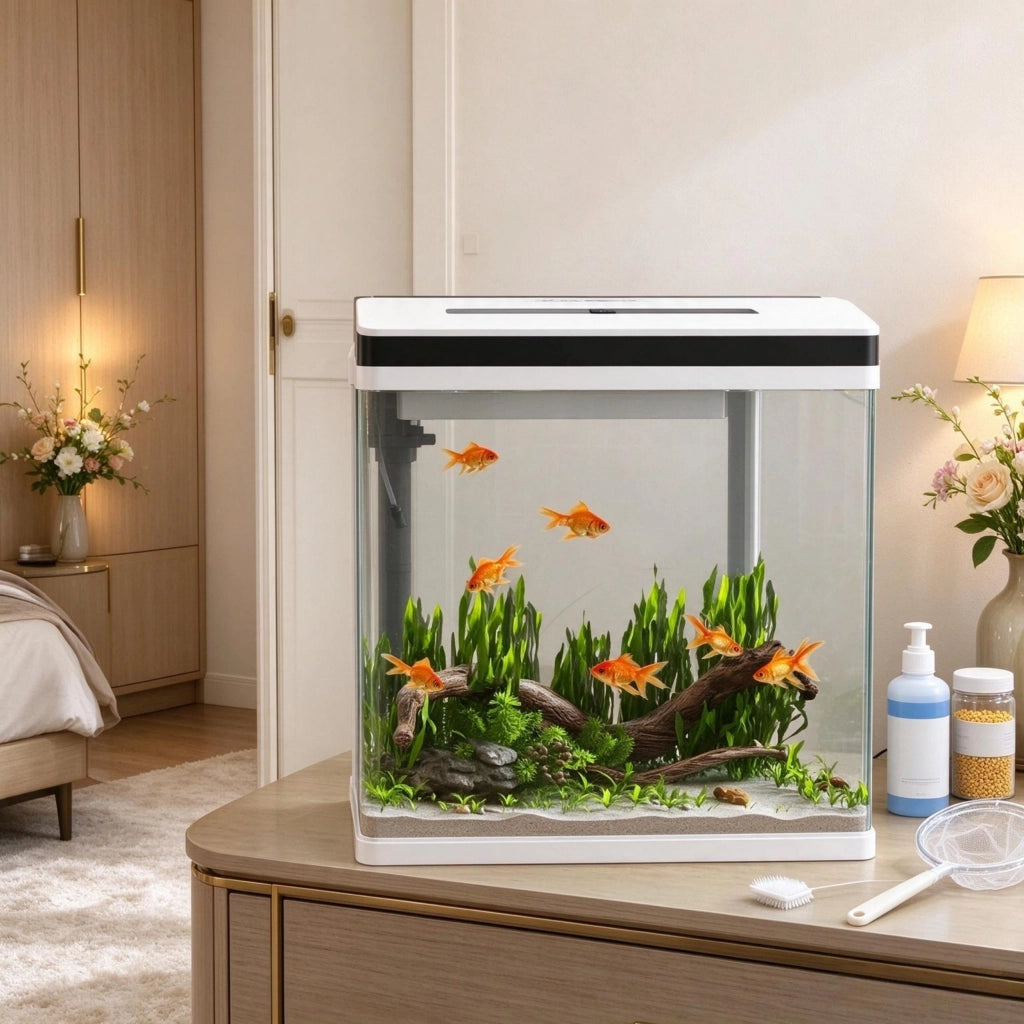Acquario in vetro per pesci, completo con filtro, coperchio e illuminazione LED, per interni