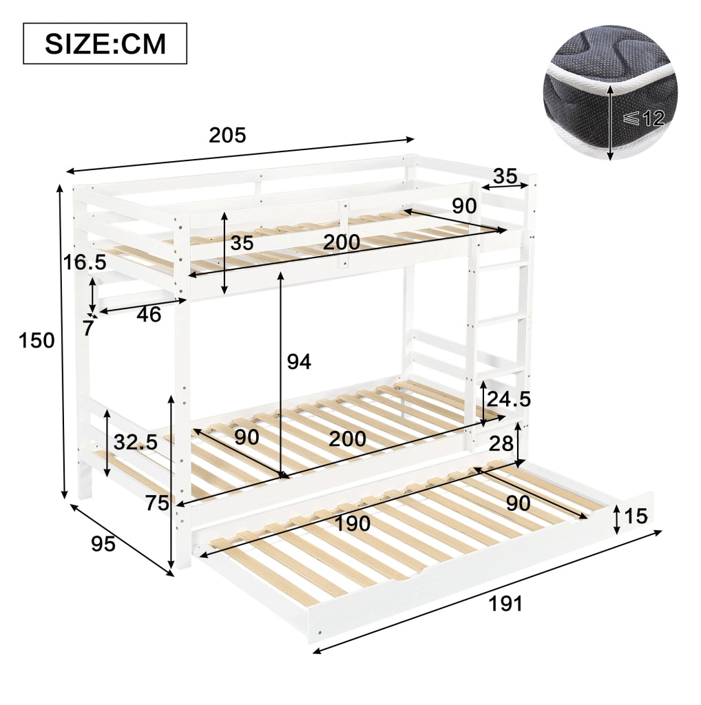 Letto a castello per bambini con letto estraibile; scaffale da 2 metri e scala; bianco; 90x200 cm