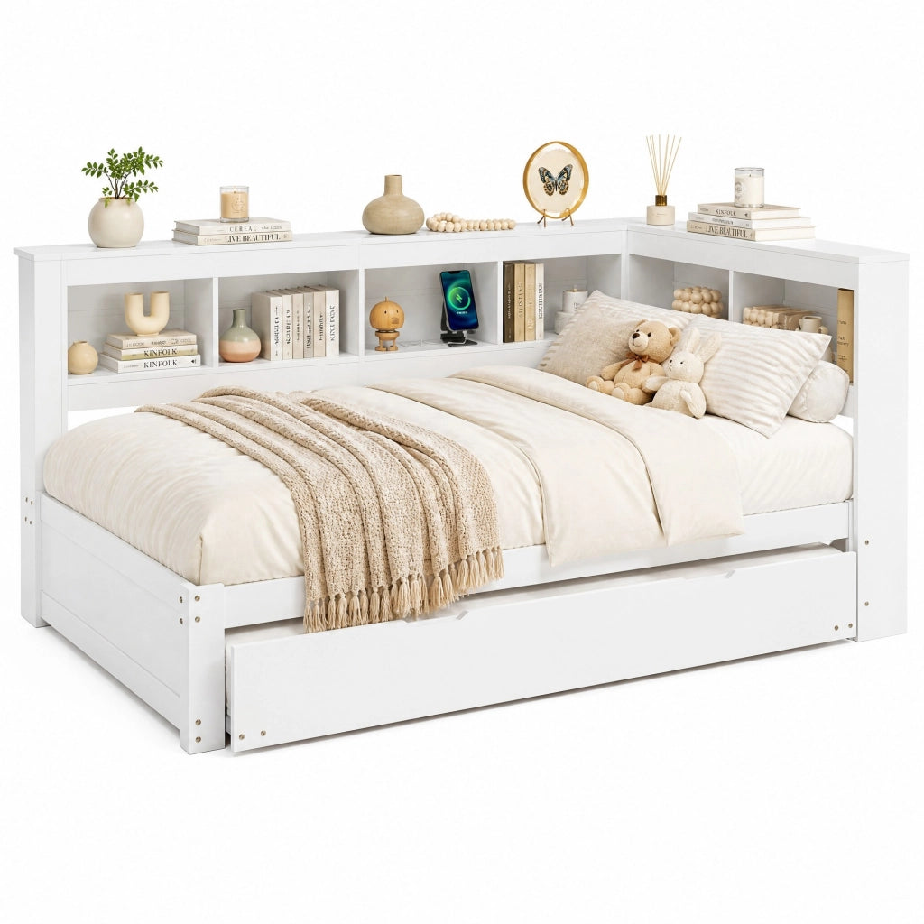 Divano letto 219x167x90 cm con letto estraibile, 2 cassetti e 2 porte USB in legno bianco