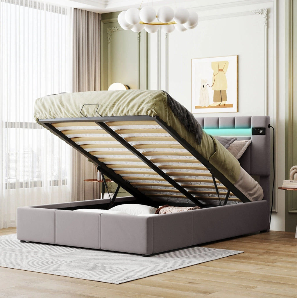 Letto imbottito con contenitore idraulico; LED; Bluetooth e 2 porte USB; 203 × 145 × 101 (106) cm; grigio
