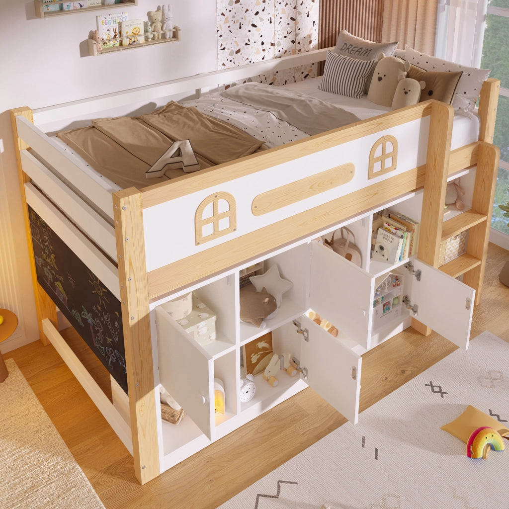 Letto a soppalco 90 × 200 cm con lavagna in legno di pino e MDF bianco naturale con scala e ripiani