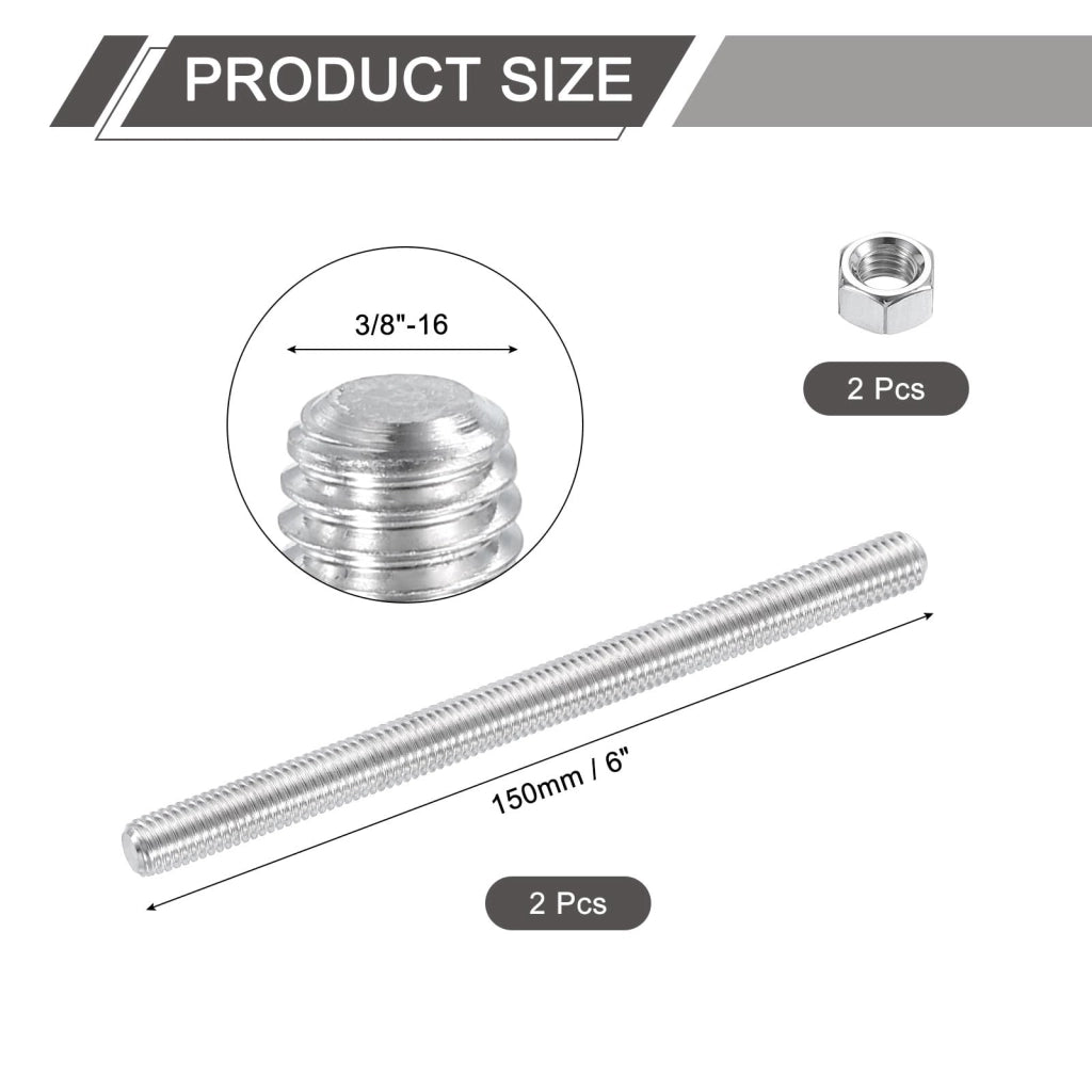 Bulloni filettati da 3/8"-16, 2 pezzi, acciaio inossidabile 304, 15,2 cm, filettatura continua