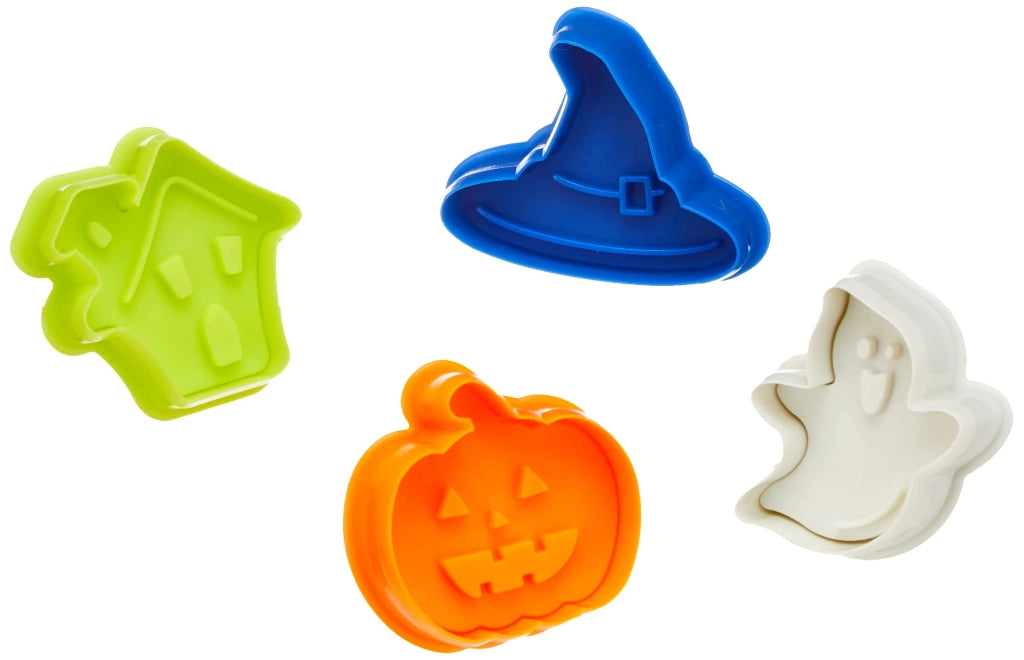 Set di 4 stampi per biscotti a tema Halloween, con pressa, in plastica, colore rosso/argento