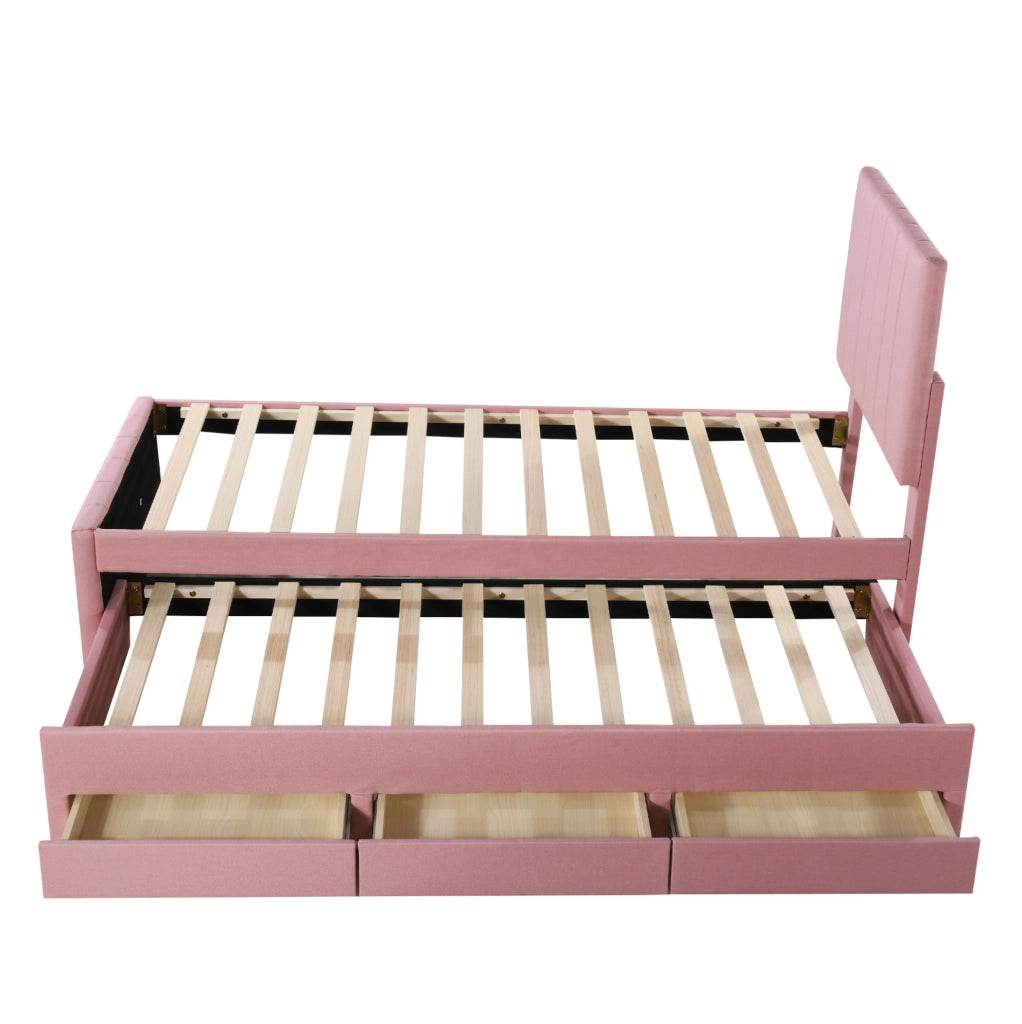 Letto imbottito singolo 90x200 cm con letto estraibile e 3 cassetti, rosa