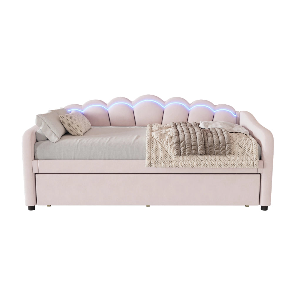 Divano letto singolo 90x200 cm con letto estraibile; struttura in MDF; velluto rosa e LED con telecomando
