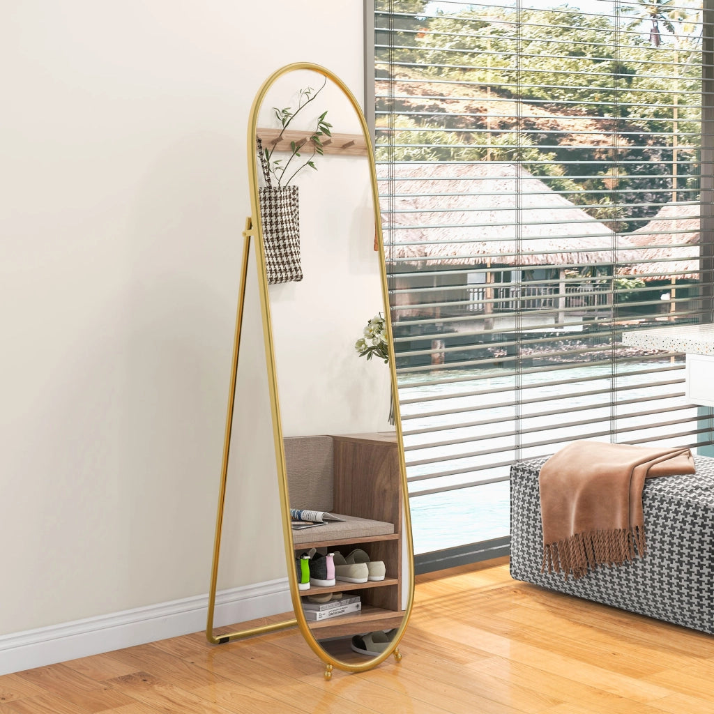 Specchio semplice ovale a figura intera con supporto, metallo oro, 40 × 4 × 160 cm