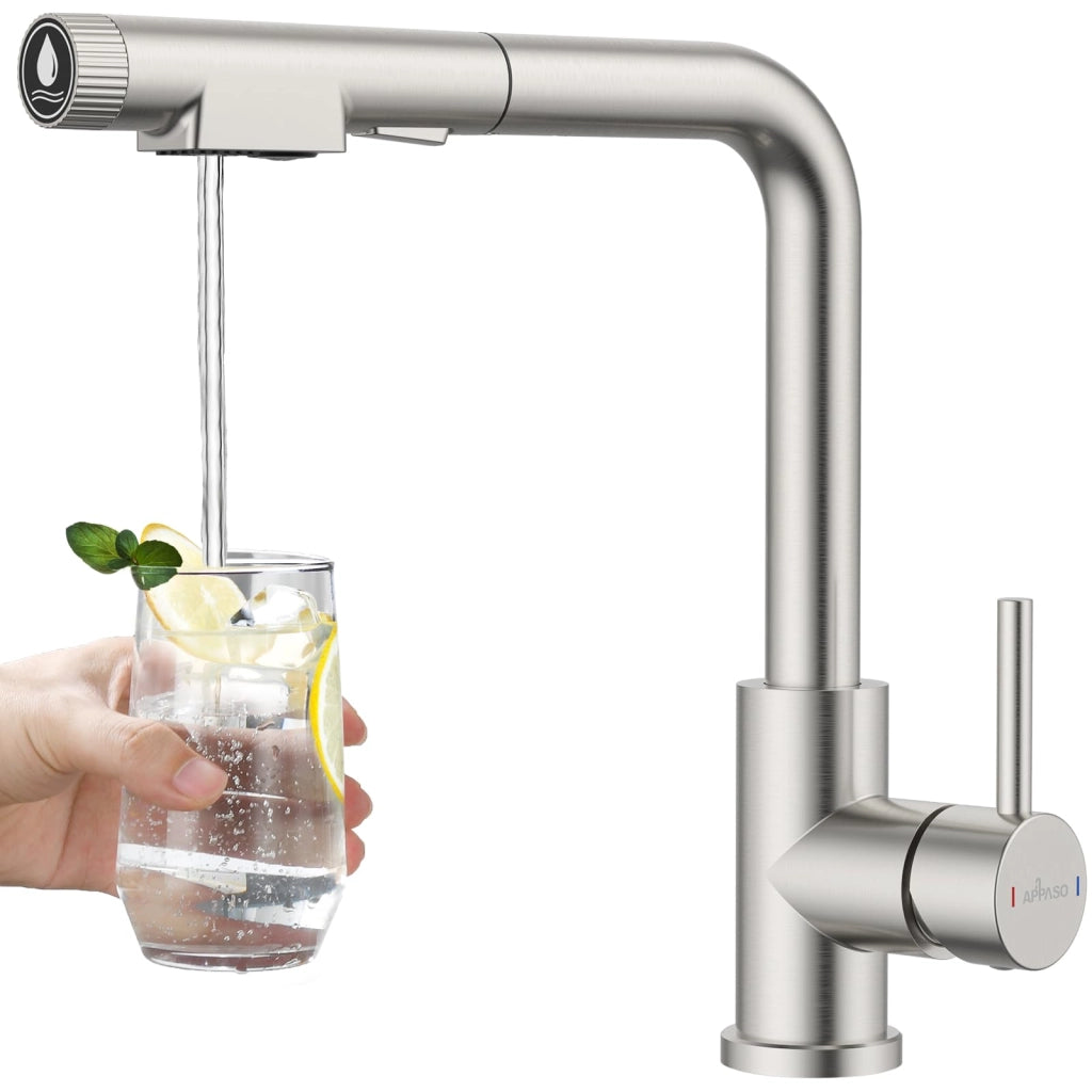 Miscelatore da cucina a tre vie, estensione di 60 cm, finitura spazzolata, rotazione a 360°