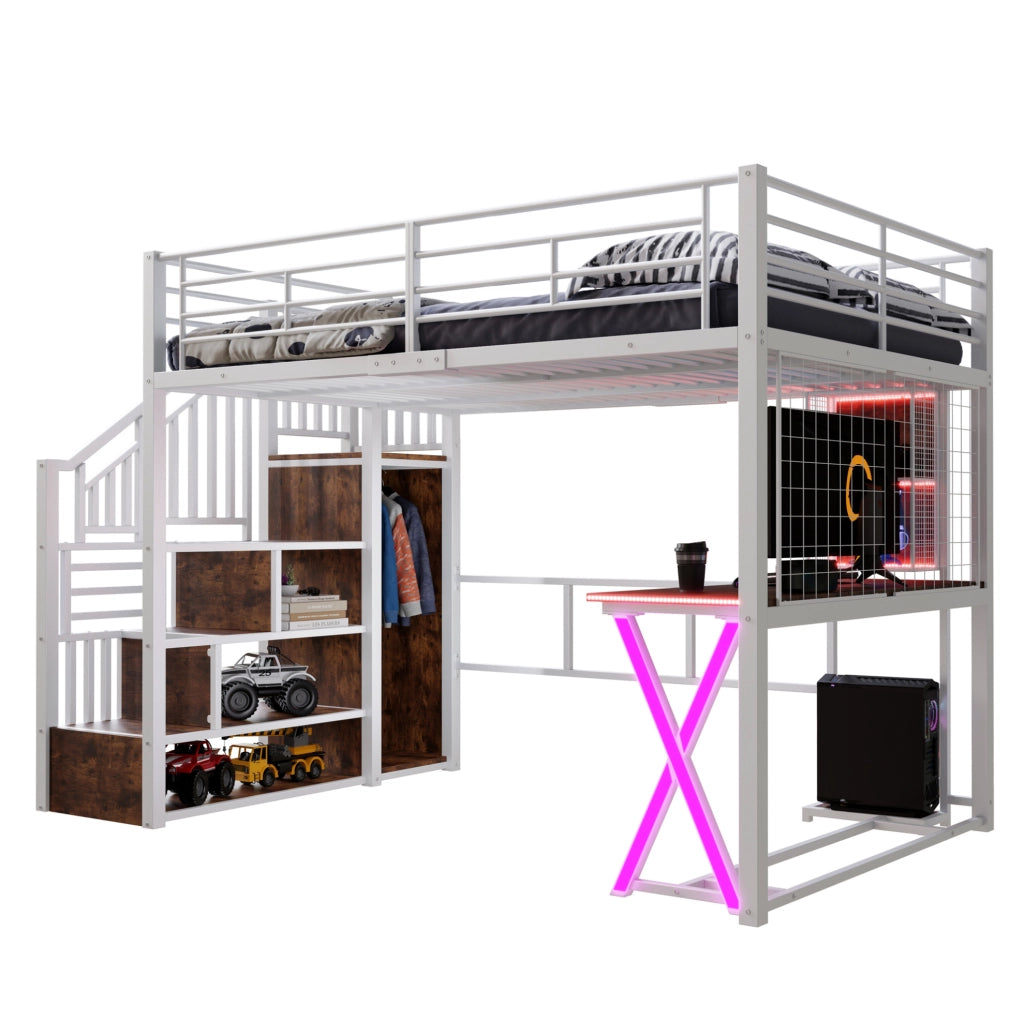 Letto a soppalco 140x200 cm con scrivania, scala, armadio e LED in metallo bianco, senza materasso