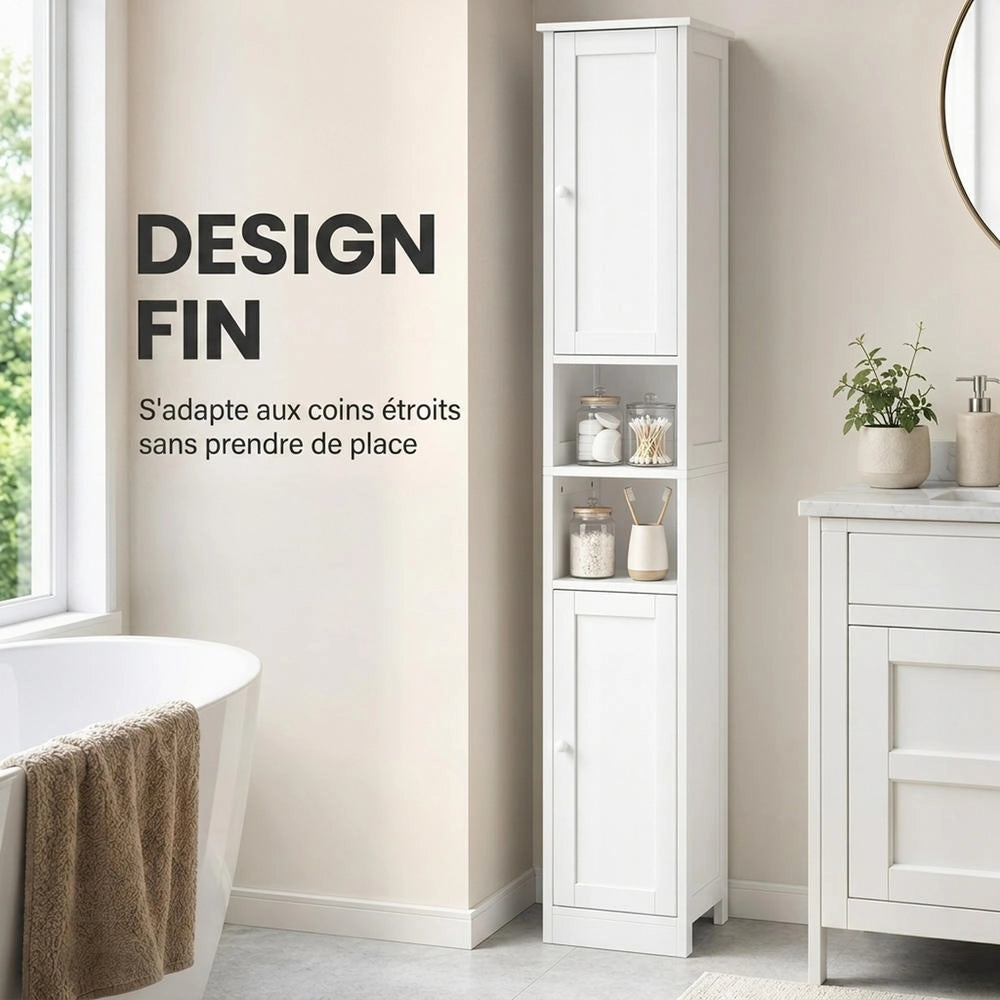 Mobile colonna bagno alto salvaspazio con 2 ante e 2 scomparti aperti, ripiani regolabili, bianco 30 cm