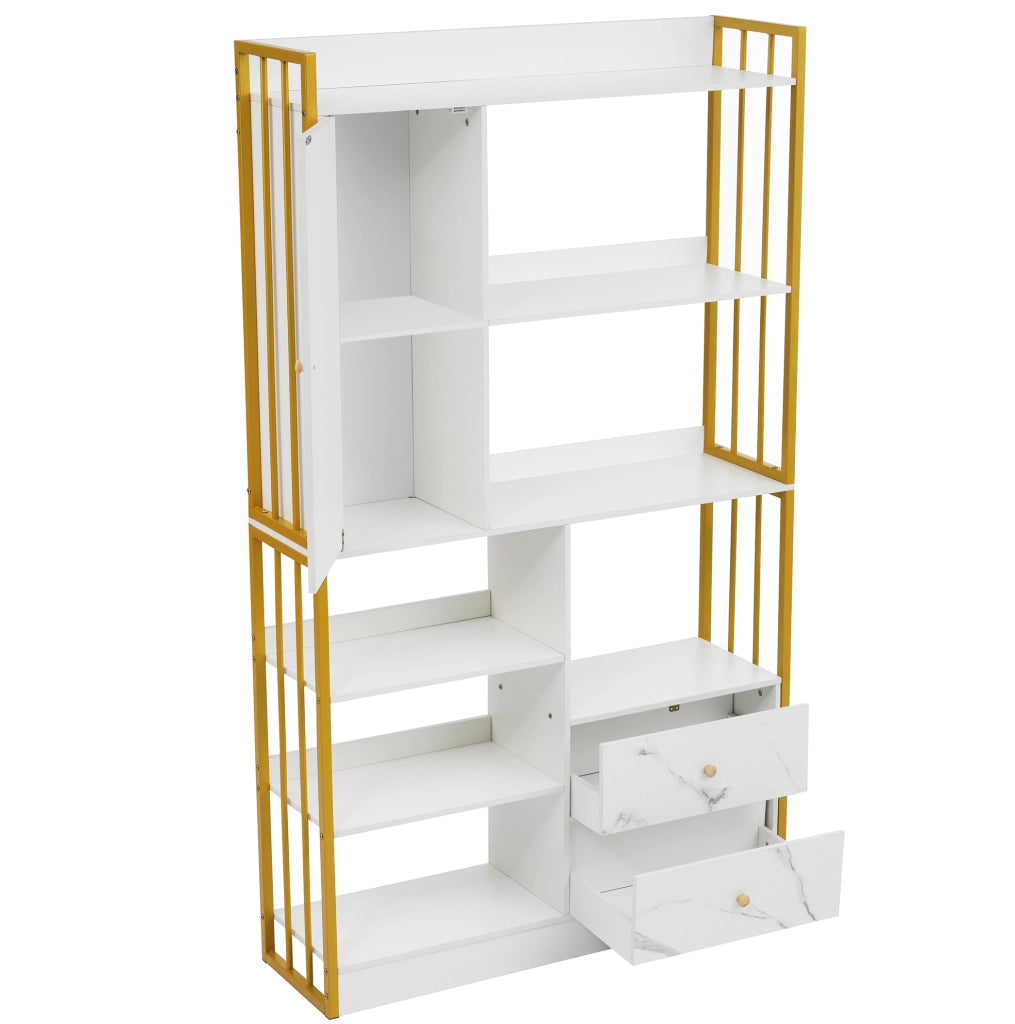 Libreria ULEVR con ripiani aperti, cassetti e vani chiusi, pannello truciolare bianco e oro effetto marmo