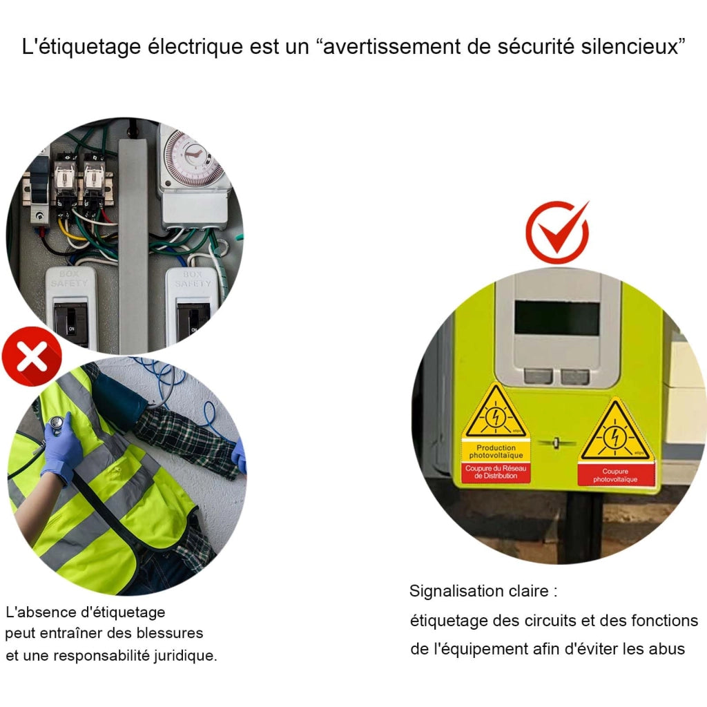 91 etichette autoadesive per impianti fotovoltaici, formato A4, conformi agli standard Consuel e UTE