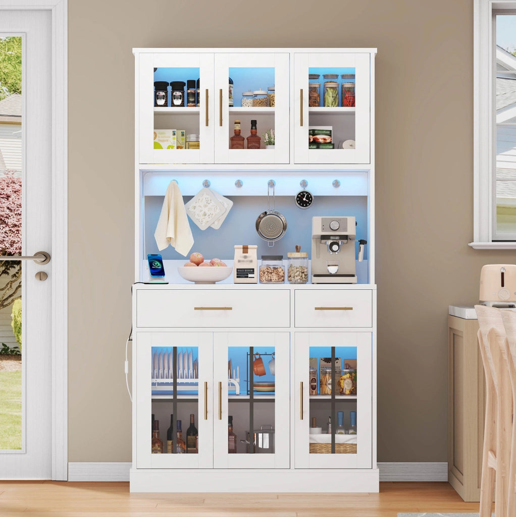 Credenza da cucina con 6 ante; 2 cassetti e LED controllati da app; bianca
