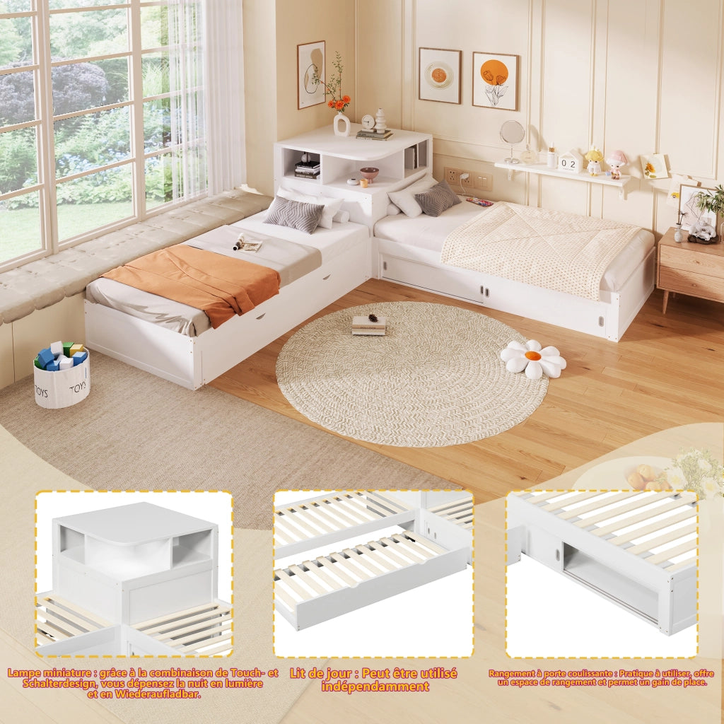 Letto singolo a piattaforma 90 × 200 cm con letto estraibile in MDF e legno bianco con luce LED e ante scorrevoli
