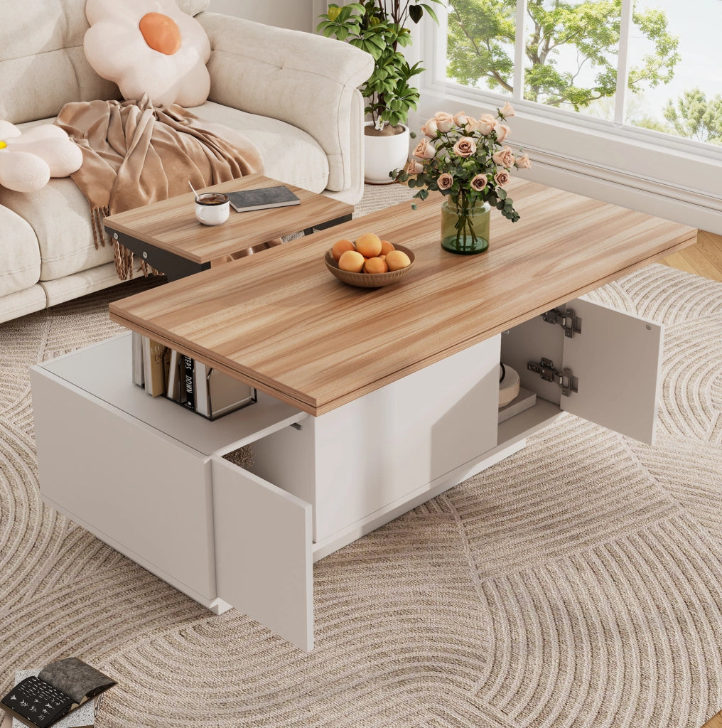 Tavolino da caffè sollevabile 100 x 50 cm bianco e legno, doppio piano